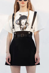 Jupe Punk Femme en Forme de A avec Anneau Métallique Noir, Bretelle à Boucle, Fente à l'Ourlet